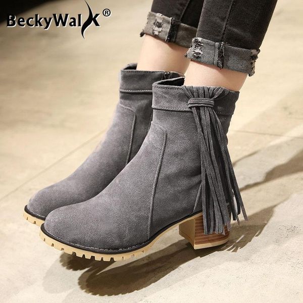 

boots winter autumn femmes bottes faux suede ankle women tassels thick high heels women's large size shoes woman wsh3731, Black