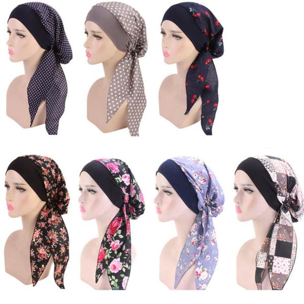 

women turban hat 7 colors muslim hijab flower printed turban cap cover head scarf wrap headwear strech bandana ljjo7656