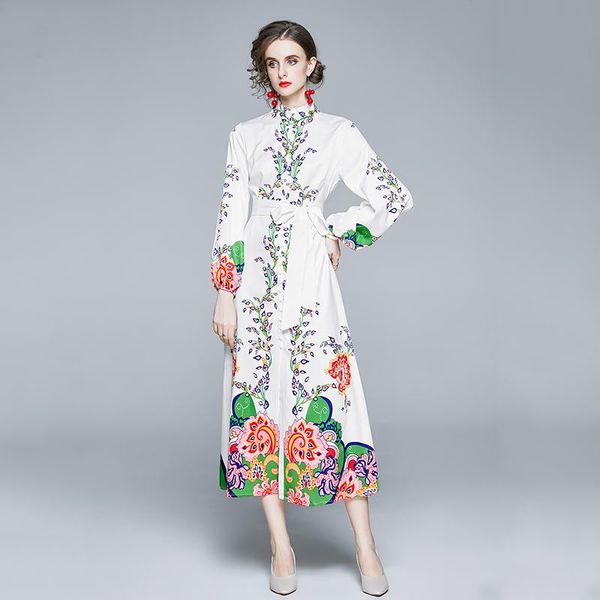 

casual dresses womens runway flower print long derss stand collar retro lantern sleeve single-breasted button sashes split elegant, Black;gray