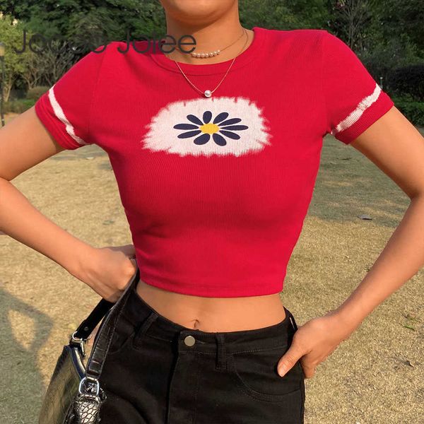 

women casual short sleeve floral print knit t shirt elegant vintage skinny cropped hit color slim short tee streetwear 210619, White