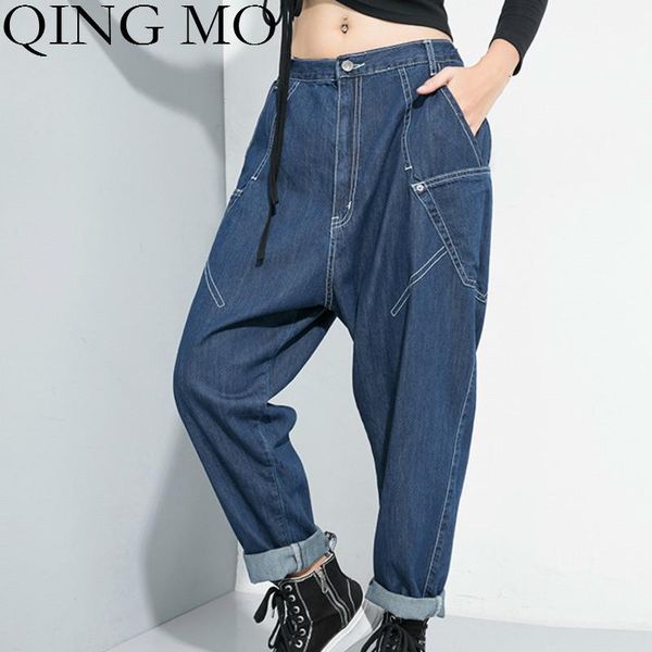 

women's pants & capris qing mo black blue women denim 2021 autumn winter high waist fulll length jeans hip hop female cross zqy2397, Black;white