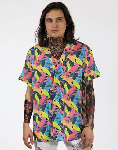 

men's casual shirts hawaii colored leaves street style shirt, White;black