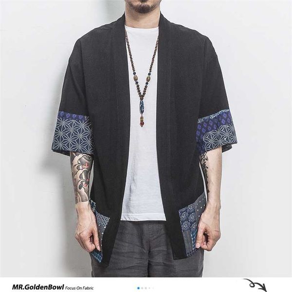 MrGoldenBowl Baumwolle Leinen Hemd Jacken Männer Chinesische Streetwear Kimono Mantel Strickjacke Plus Größe 211217