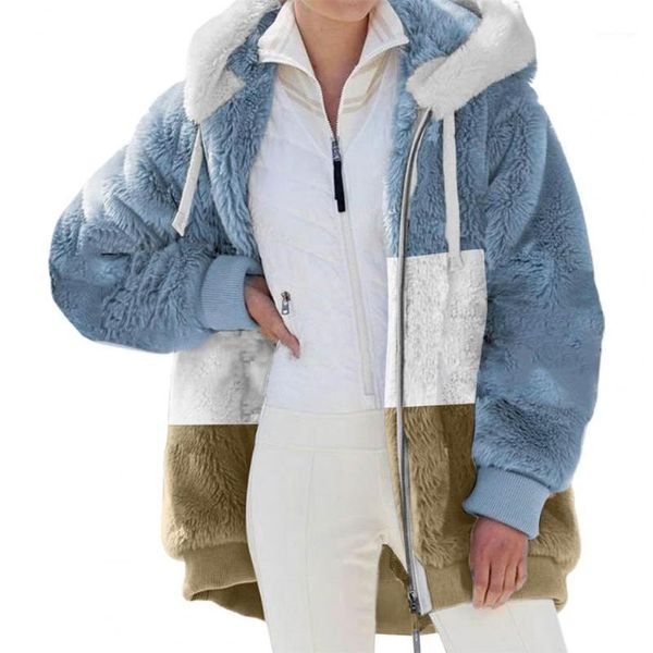 

women's fur & faux zip up fleece women jacket 2021 plush autumn winter patchwork color hooded plus size coat warm thicken, Black