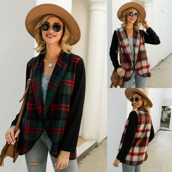 

women's jackets au women plaid loose coat long sleeved checked cardigan open front draped jacket, Black;brown