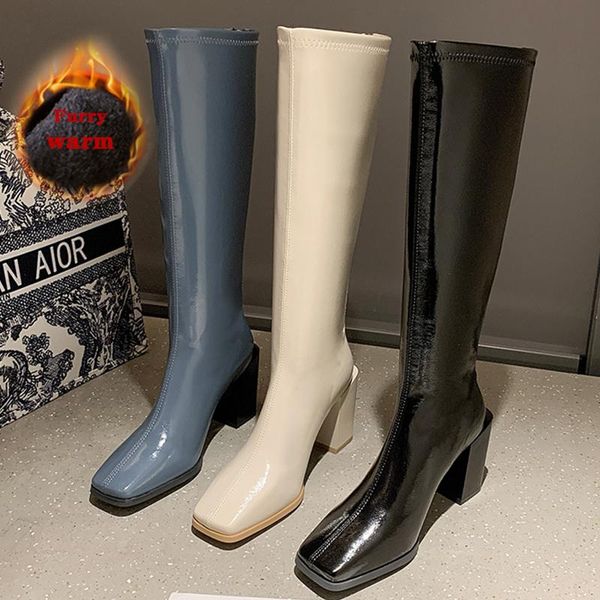 

boots women modern high ladies shoes knee rubber for 2021 female winter furry fashion square toe 8 cm heels, Black