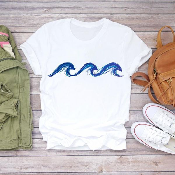 

women wave ocean painting printing 90s fashion short sleeve print lady t-shirts womens graphic t shirt female tee t-shirt, White