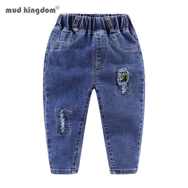 Mudkingdom crianças calças inverno sólido rasgado crianças calças elásticas cintura moda casual jeans para meninos meninas 210615