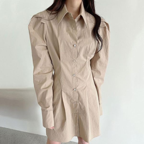 

casual dresses korean chic turn down collar long sleeve woman shirts simple solid slim waist mini vestidos mujer office ladies elegant robe, Black;gray
