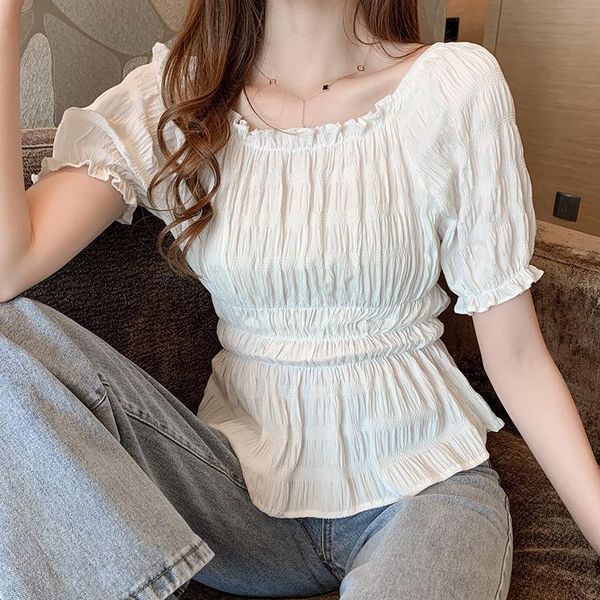 

women's blouses & shirts real po 2021 summer dress korean version versatile one line collar lantern sleeve close waist show thin short, White