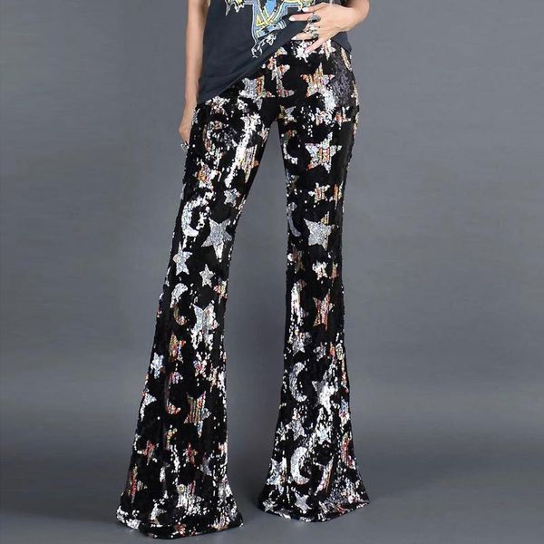 

women's pants & capris sequins flare women 2021 spring summer trousers pattern skinny black dance streetwear elastic waist plus size yo, Black;white