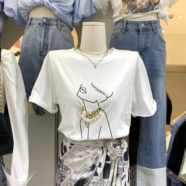 

women's t-shirt 2021 summer beaded simple and thin versatile design short-sleeved printed ins fashion, White