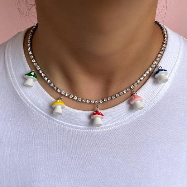 

chains candy color cute mushroom crystal choker necklace for women unusual rhinestone tennis chain e girl neck y2k party jewelry gift, Silver