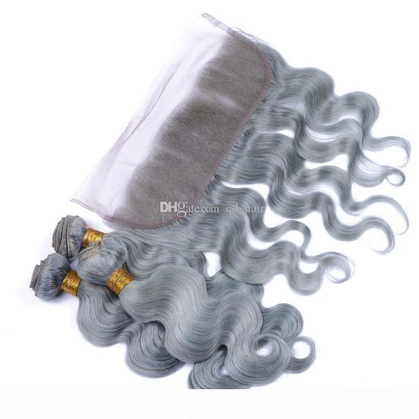 

selling 13*4 lace frontal with hair grey body wave bundles 4pcs lot with baby hair silver grey hair weaves with lace frontal, Black