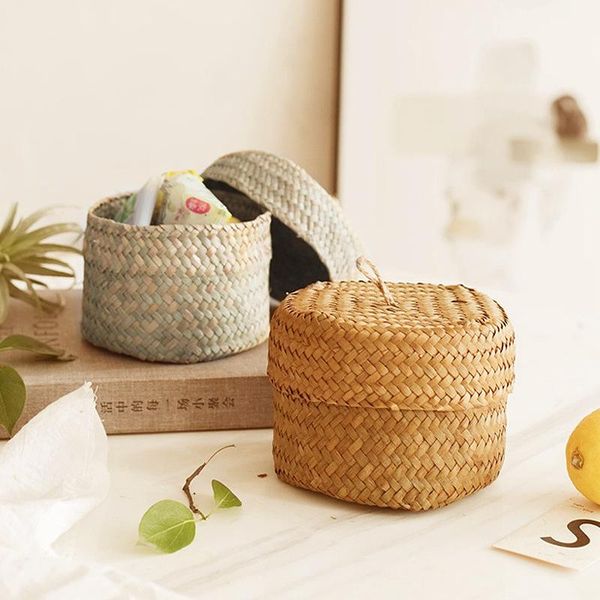 

storage baskets handmade box seagrass woven basket with lid eco-friendly sundries keys organizer wedding candy tea container