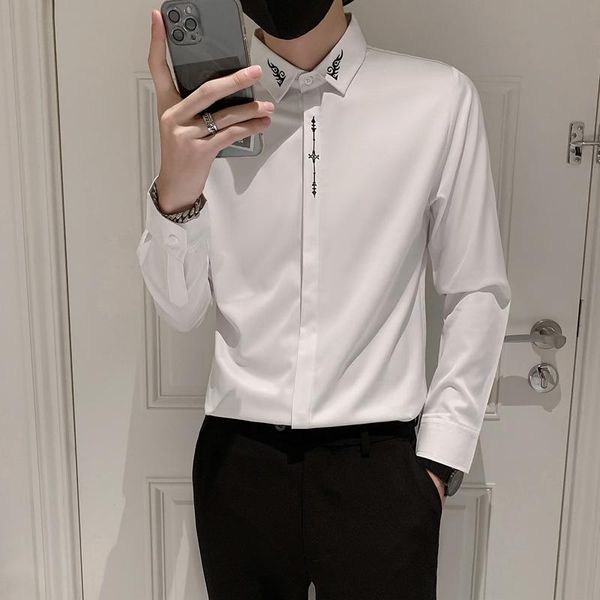 

men's casual shirts korean style lapel embroidery men's shirt slim streetwear long sleeve business social chemise homme white black