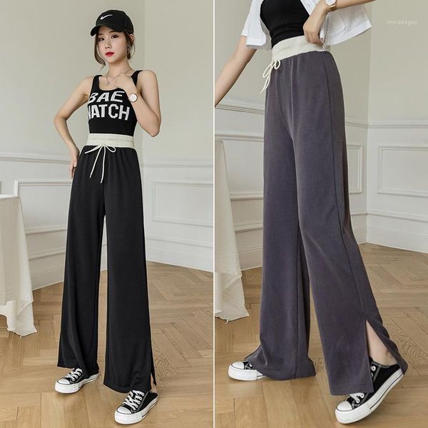 

2021 spring summer wide leg ice silk pants women waist loose casual long stacked slit women's trousers & capris, Black;white