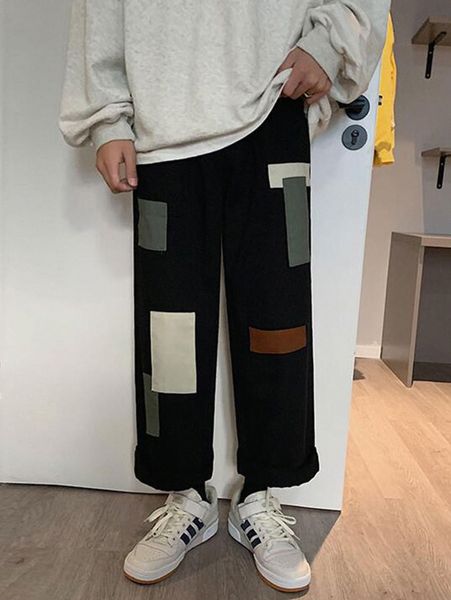 

men colorblock patched roll hem drawstring pants c1fb#, Black