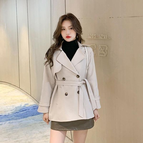 

women's trench coats weihaobang 2021 autumn style windbreaker lapel double row buckle lace up short loose long sleeve coat, Tan;black