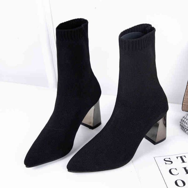 

boots elastic women's boots knitted, sock for autumn and winter, high heels square, black color, pointy beak h163