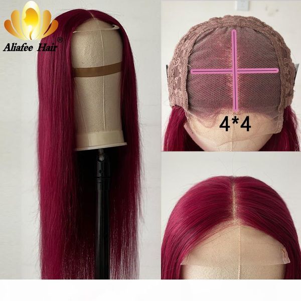

aliafee hair lace closure wig 100% human hair wigs 4*4 remy brazilian straight middle part lace wigs for black women, Black;brown
