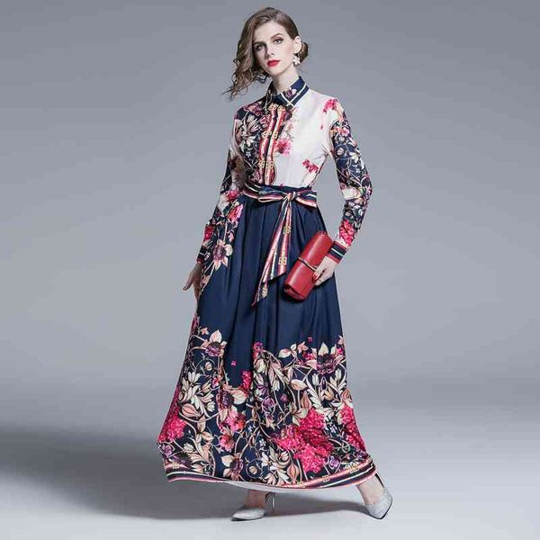 

quality runway designer spring summer long maxi dress women's shirt charming floral stripe print pleated vintage 210603, Black;gray