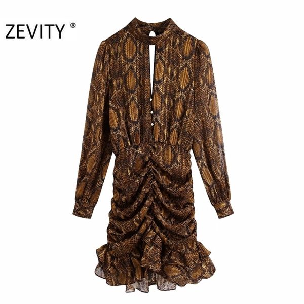 Zevity New Women Sexy Collare alla coreana Stampa pelle di serpente Orlo con volant Mini abito pieghettato Donna Foro anteriore Manica lunga Vestido DS4625 210309