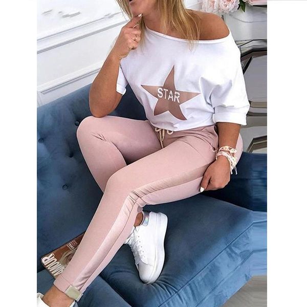 

women's 2021 star letter printing leisure suit women casual plus size skinny pants two piece tracksuit 2 piece set, Gray