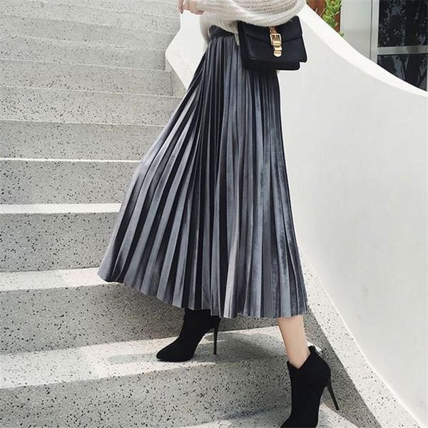 

skirts korean style ladies black midi skirt winter pleated high waist vintage mid calf women office longa saia mujer faldas