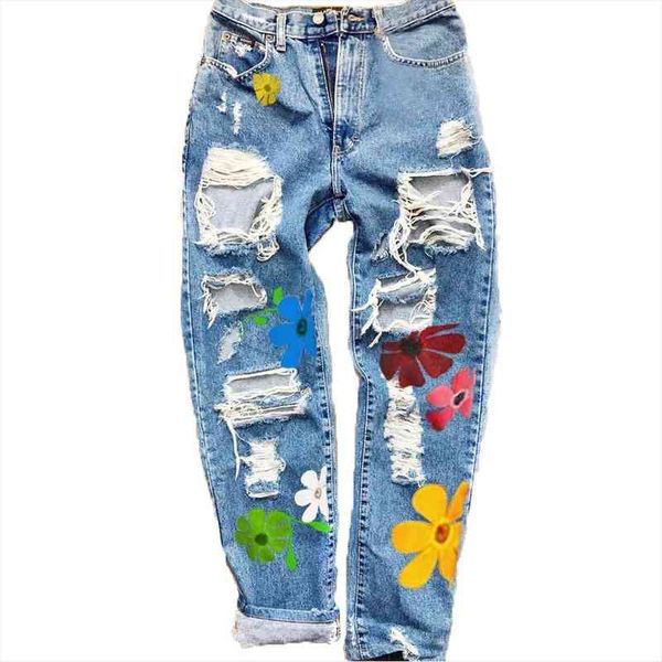 

printed hole fashion womens jean high waist straight denim ripped with pockets casual trousers, Blue