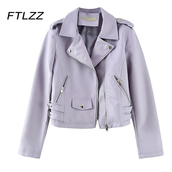 

woman purple faux leather jacket spring autumn streetwear rivet zipper short coats ladies biker moto 210602, Black