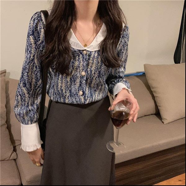 

blue star french lapel printed loose ruffles elegance sweet chic women blouses gentle office lady all match shirts, White