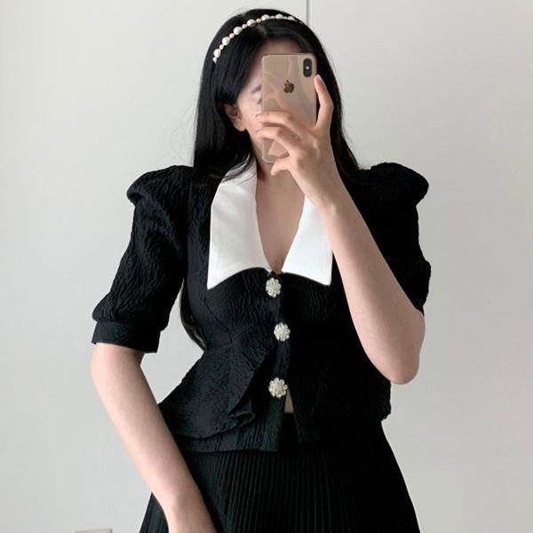 

women's blouses & shirts women shirt 2021 summer korean chic retro lapel color-blocking three-button ruffled texture puff sleeve, White