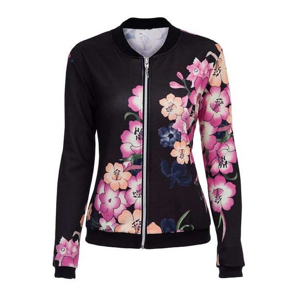 

women's jackets fashion flower leaves printing women jacket long sleeve lady baseball sports outwear overcoat zipper coat chaqueta muje, Black;brown