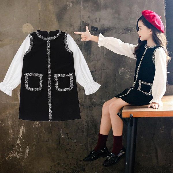 

girl's dresses spring teen girl dress pearls design girls party patchwork fake 2pcs for autumn clothes 4 6 8 10 12y, Red;yellow