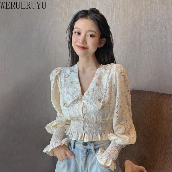 

women's blouses & shirts werueruyu embroidery lace shirt spring women long sleeve linen cotton blouse casual apricot, White