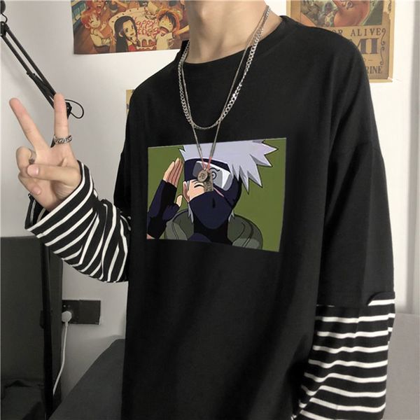 

2021 new primavera legal naruto impresso camiseta masculina manga longa harajuku t camisa anime japons streetwear hip hop retalhos ts, White;black