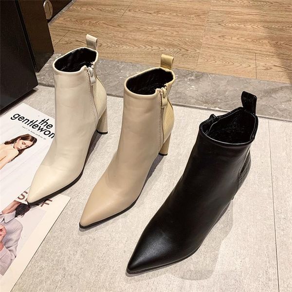 

boots 2021 winter women casual pointed toe block high heels ankle booties lady designer 8.5cm zipper shoes, Black