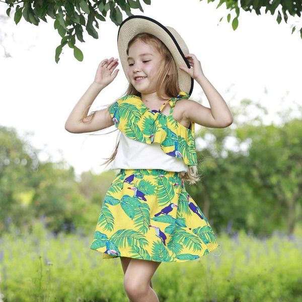 

girl's dresses (1y-6y) children sleeveless printed strap ruffled + short skirt set vest s41, Red;yellow