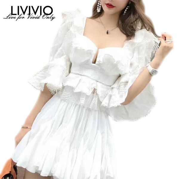 

[livivio] ruffle lace blouse women white shirt 2021 autumn ladies square neck puff sleeve korean fashion clothing new