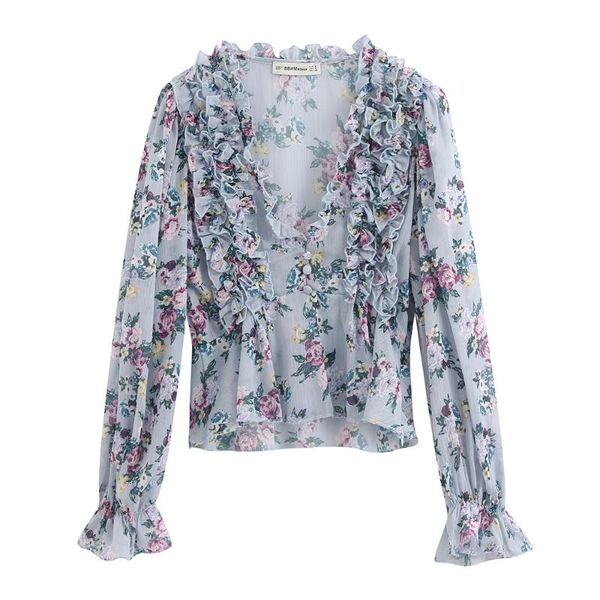 

2021 spring women's new court temperament ruffled low-cut v-neck long-sleeved printed perspective laminated decorative shirt, White