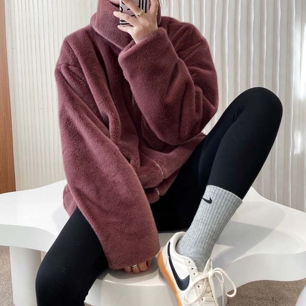 

spring 2021 new long sleeve thick stand color zip design oversize warm furry hoodies women i1tz, Black