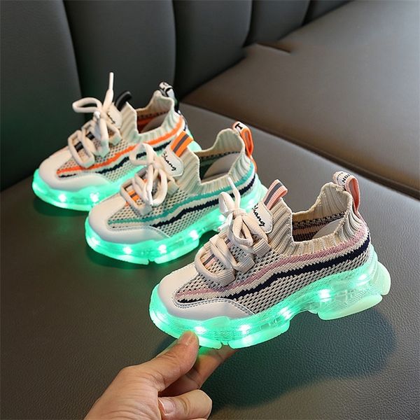 

new glowing up kids shoes breathable boys girls sport shoes children casual sneakers baby luminous mesh canvas shoes 210303, Black
