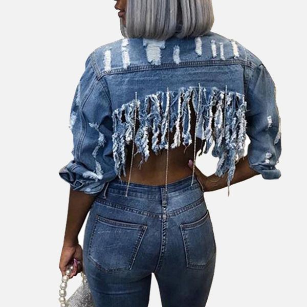 

vintage tassel short jean jacket female hole frayed turn-down collar coats autumn long sleeve fashion women denim jackets, Black;brown