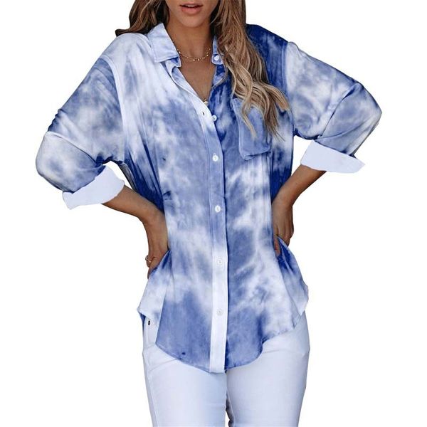

2021 new tie-dye plus size for women blouses turn-down collar long sleeve office vintage ladies shirts casual streetwear blouse m66d, White