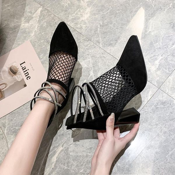 

classic fashion black air mesh boots women summer square heels crystal boots lady breathable shoes woman ankle