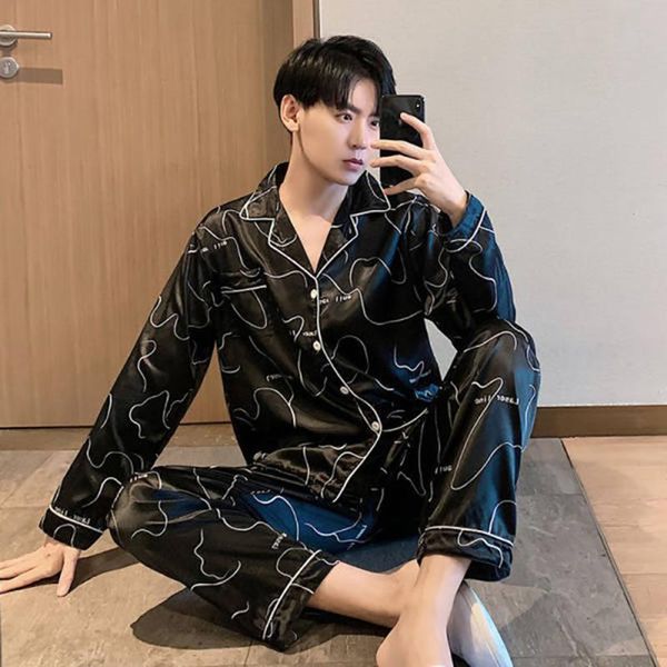 

men's sleepwear two piece set home wear for men trendyol long sleeve lounge pajama sets printing turn-down collar silk satin plus size, Black;brown