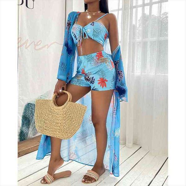 

3 pcs long sleeve bikini cover swimwear women maple leaf print beach wear set high waist shorts bandage swimsuit bathing, White;black