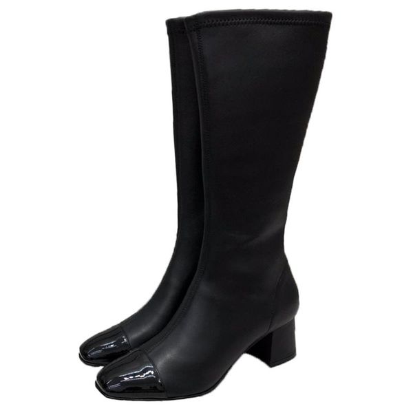 

boots brand designer sheepskin leather knee high square toe zipper women black heel fashion patchwork classic booties