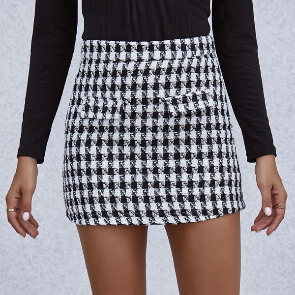 

skirts elegant high waisted sheath wrap hip a-line mini skirt cotton houndstooth plaid with mock pocket autumn office lady clothing, Black